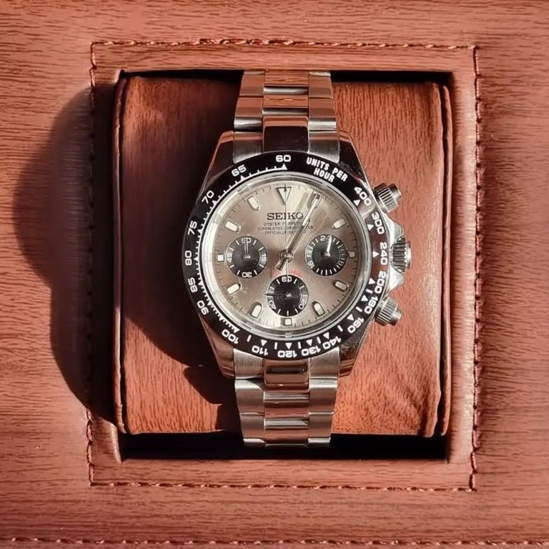 Daytona Mod Champagne Dial Oyster chronograph Seiko mod style watch with VK63 movement by ModTime - angled dial view