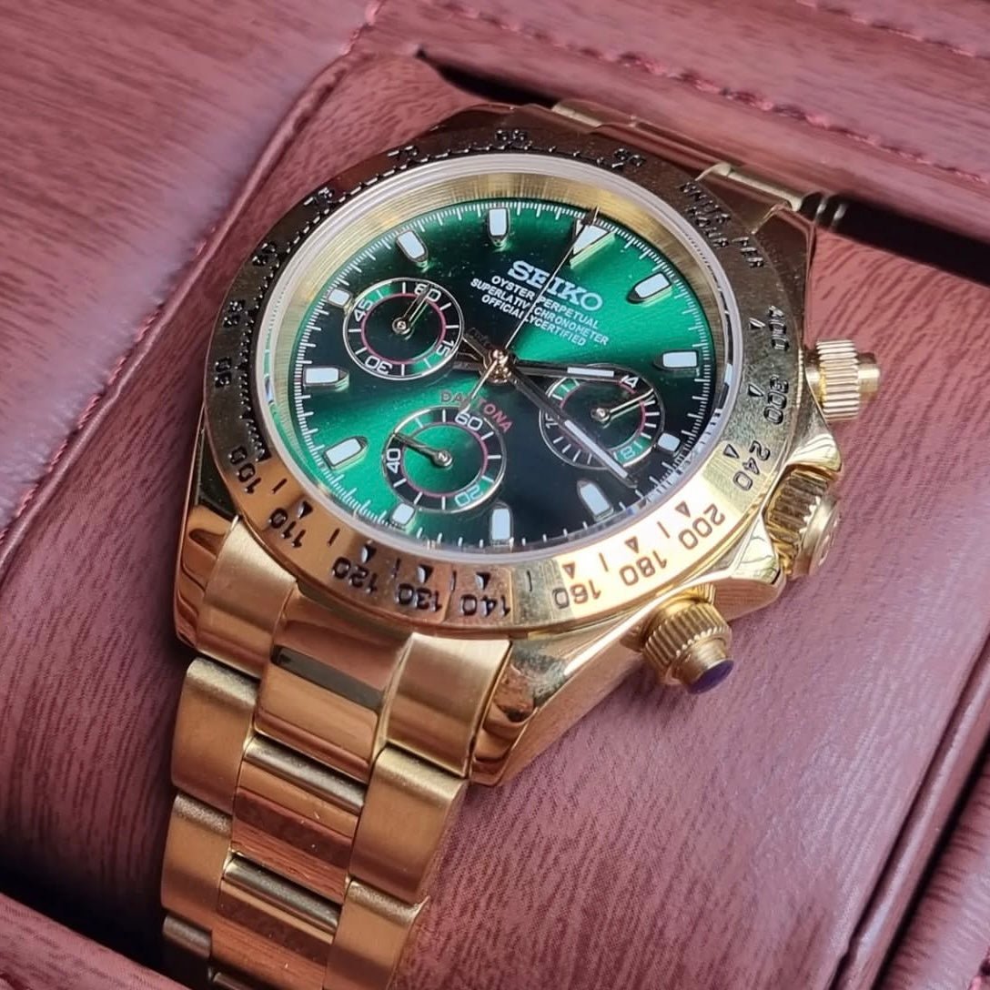 Daytona Mod Gold Green Dial Oyster green and gold chronograph Seiko mod style watch with VK63 movement by ModTime - side profile