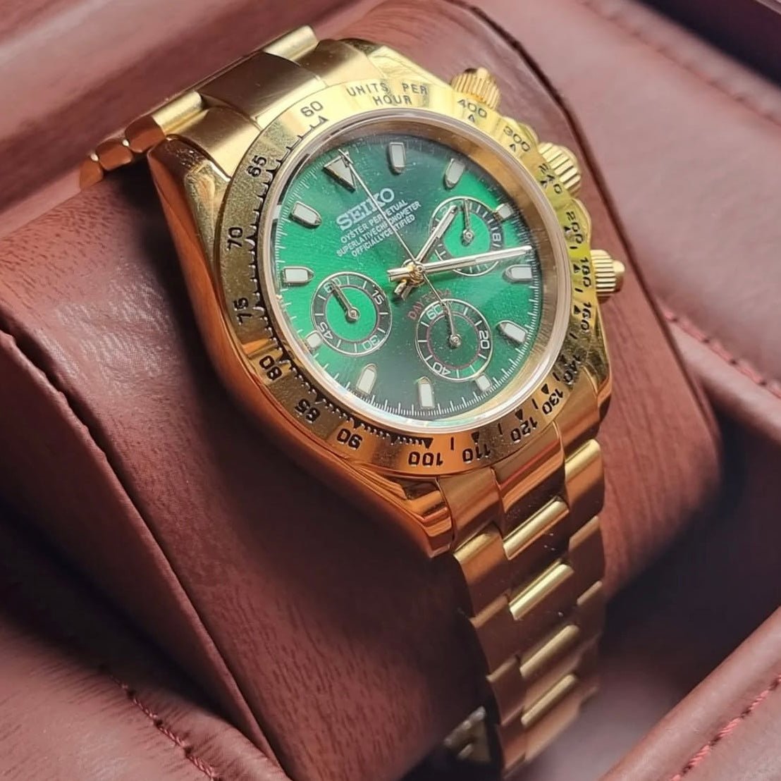 Daytona Mod Gold Green Dial Oyster green and gold chronograph Seiko mod style watch with VK63 movement by ModTime - wrist or lifestyle view