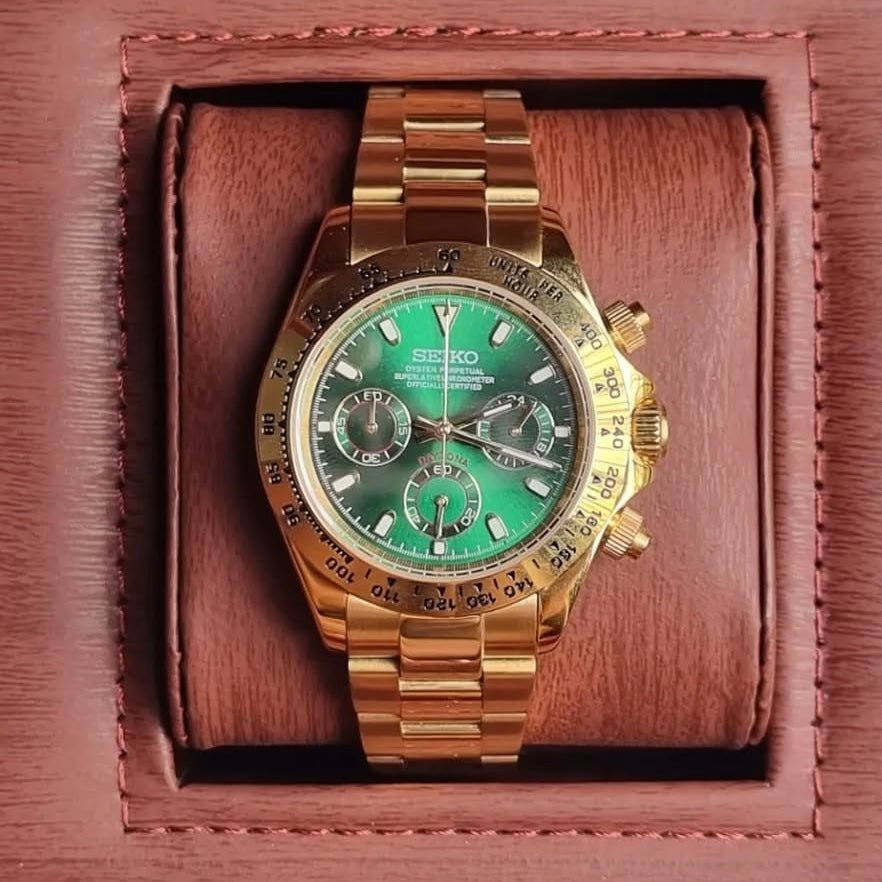 Daytona Mod Gold Green Dial Oyster green and gold chronograph Seiko mod style watch with VK63 movement by ModTime - angled dial view