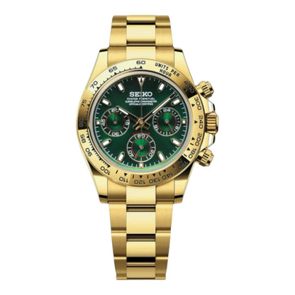 Daytona Mod Gold Green Dial Oyster green and gold chronograph Seiko mod style watch with VK63 movement by ModTime - front product view