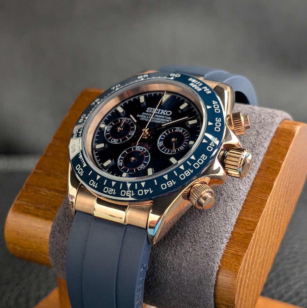 ModTime rose gold and blue Daytona Mod Rose Gold Blue Dial Rubber Strap watch travel accessory for custom watches - side profile