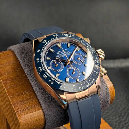 ModTime rose gold and blue Daytona Mod Rose Gold Blue Dial Rubber Strap watch travel accessory for custom watches - wrist or lifestyle view