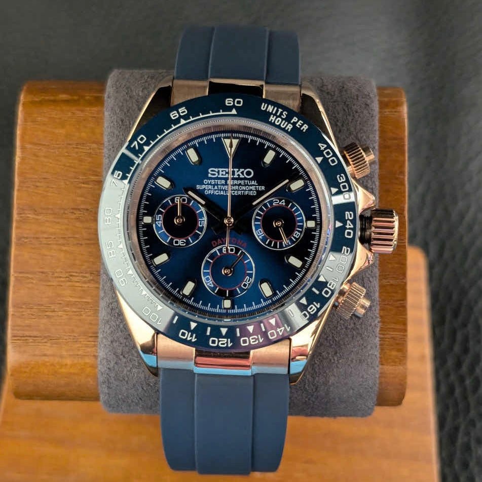 ModTime rose gold and blue Daytona Mod Rose Gold Blue Dial Rubber Strap watch travel accessory for custom watches - dial detail