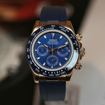 ModTime rose gold and blue Daytona Mod Rose Gold Blue Dial Rubber Strap watch travel accessory for custom watches - angled dial view