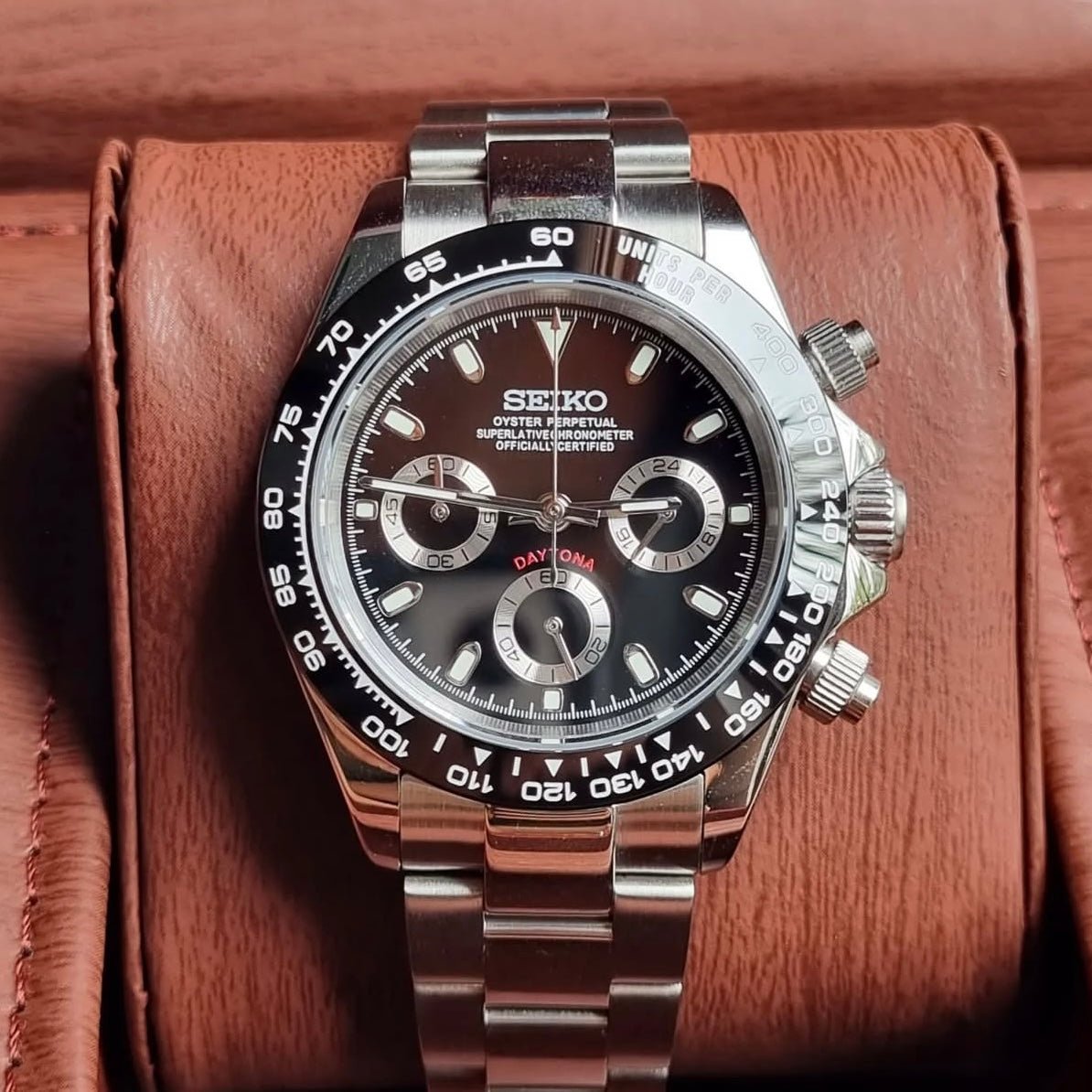 Daytona Mod Silver Black Dial Oyster silver and black chronograph Seiko mod style watch with VK63 movement by ModTime - wrist or lifestyle view