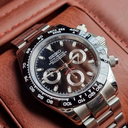 Daytona Mod Silver Black Dial Oyster silver and black chronograph Seiko mod style watch with VK63 movement by ModTime - side profile