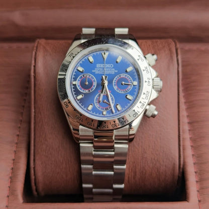 Daytona Mod Silver Blue Dial Oyster silver and blue chronograph Seiko mod style watch with VK63 movement by ModTime - side profile