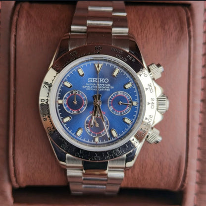 Daytona Mod Silver Blue Dial Oyster silver and blue chronograph Seiko mod style watch with VK63 movement by ModTime - angled dial view