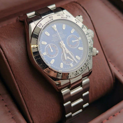 Daytona Mod Silver Blue Dial Oyster silver and blue chronograph Seiko mod style watch with VK63 movement by ModTime - wrist or lifestyle view