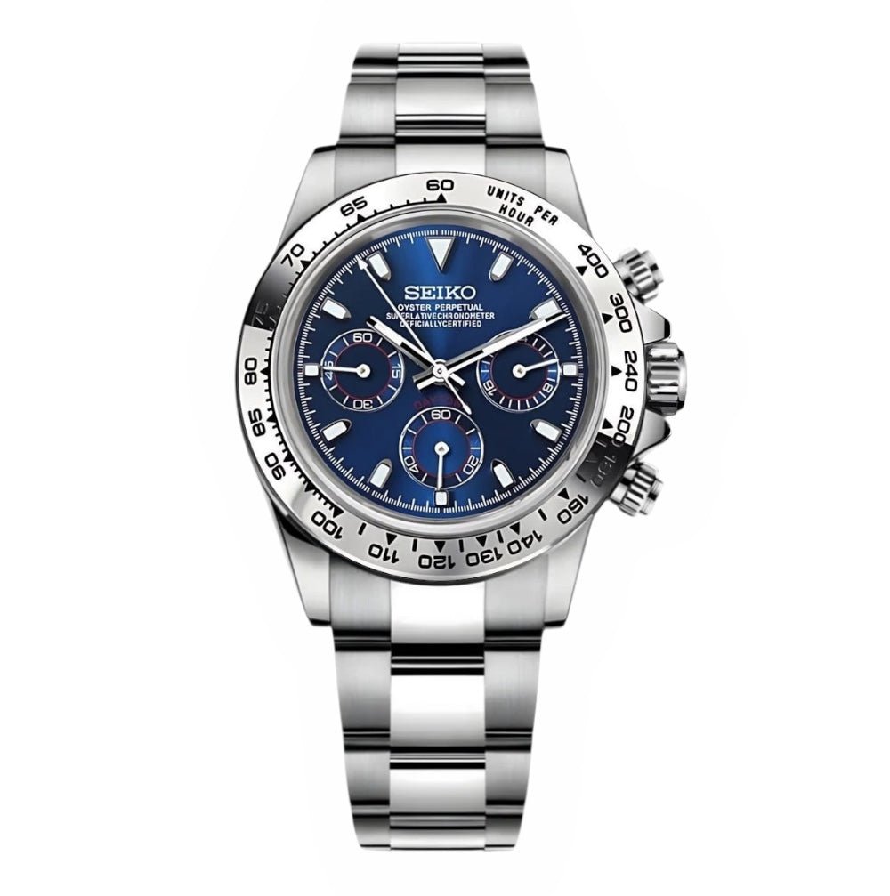 Daytona Mod Silver Blue Dial Oyster silver and blue chronograph Seiko mod style watch with VK63 movement by ModTime - front product view