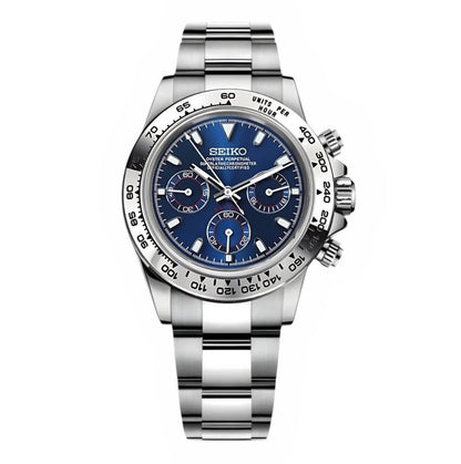 Daytona Mod Silver Blue Dial Oyster silver and blue chronograph Seiko mod style watch with VK63 movement by ModTime - front product view