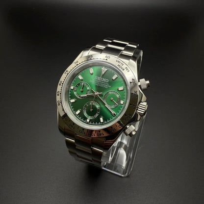 Daytona Mod Silver Green Dial Oyster silver and green chronograph Seiko mod style watch with VK63 movement by ModTime - dial detail