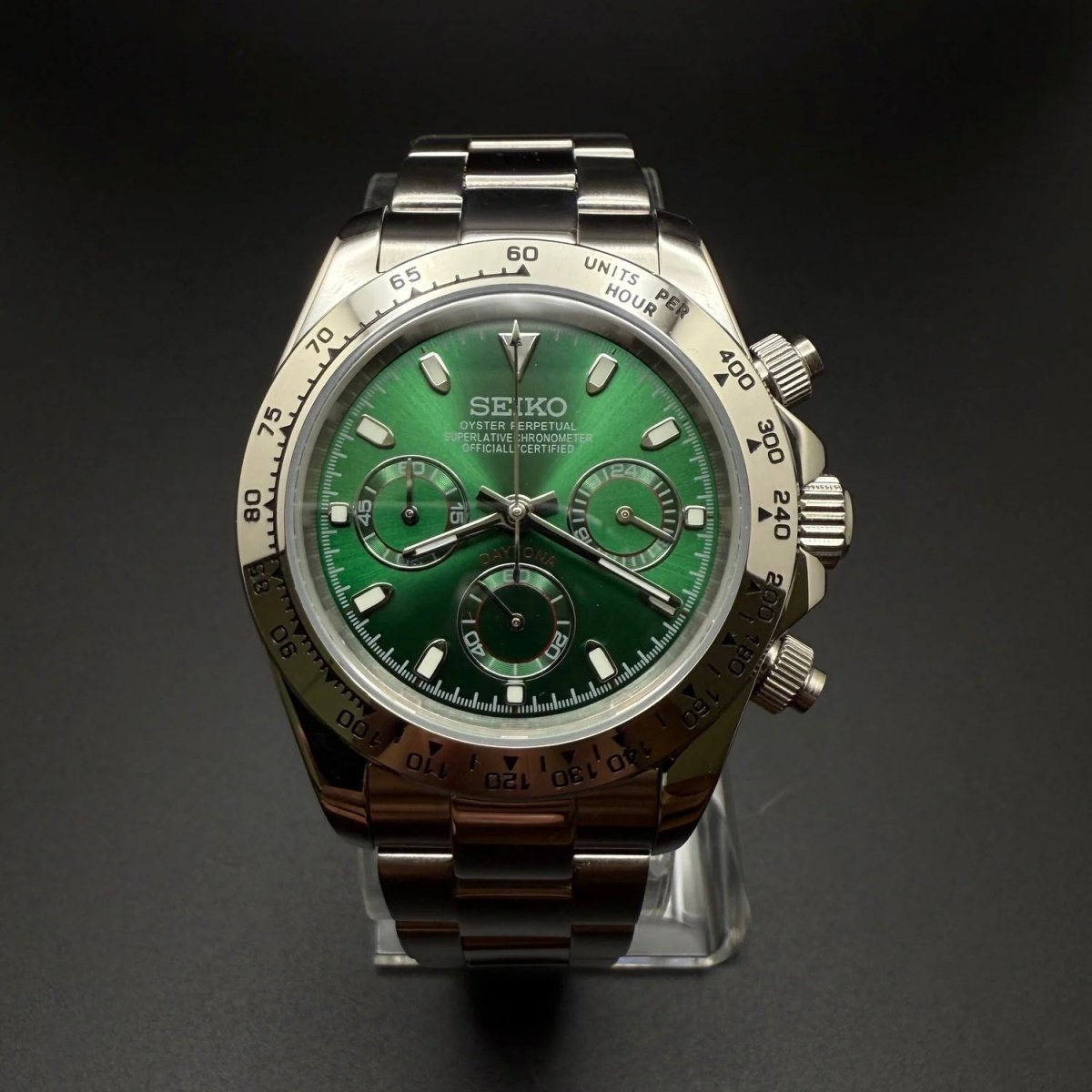 Daytona Mod Silver Green Dial Oyster silver and green chronograph Seiko mod style watch with VK63 movement by ModTime - angled dial view