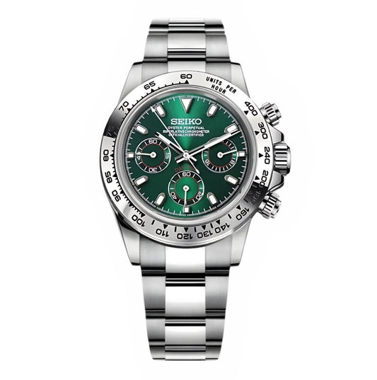 Daytona Mod Silver Green Dial Oyster silver and green chronograph Seiko mod style watch with VK63 movement by ModTime - front product view