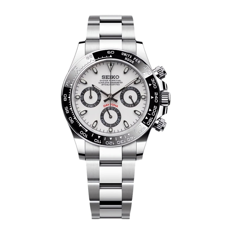 ModTime Daytona-style Panda VK63 meca-quartz chronograph, white dial, black subdial rings, front view