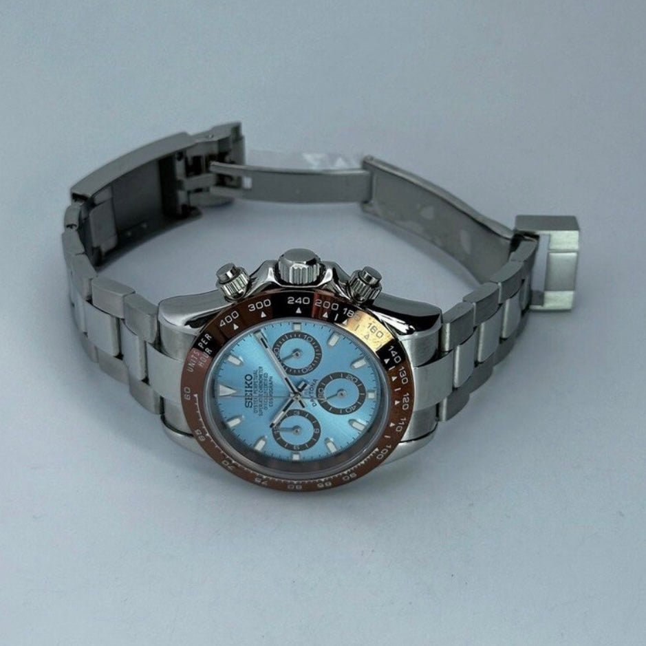 Daytona Mod Silver Platin Dial Oyster silver chronograph Seiko mod style watch with VK63 movement by ModTime - wrist or lifestyle view