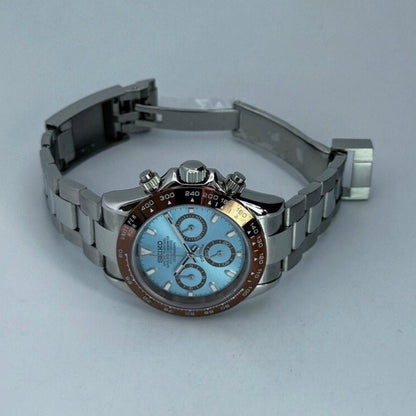 Daytona Mod Silver Platin Dial Oyster silver chronograph Seiko mod style watch with VK63 movement by ModTime - wrist or lifestyle view