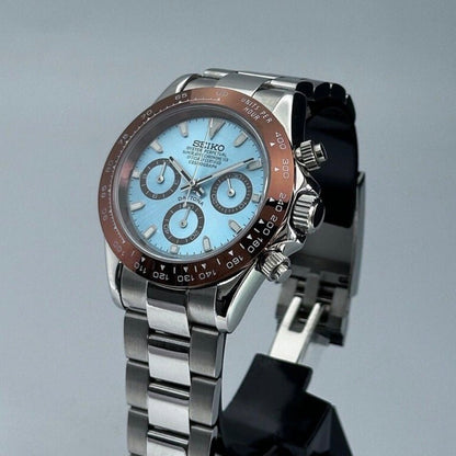 Daytona Mod Silver Platin Dial Oyster silver chronograph Seiko mod style watch with VK63 movement by ModTime - side profile