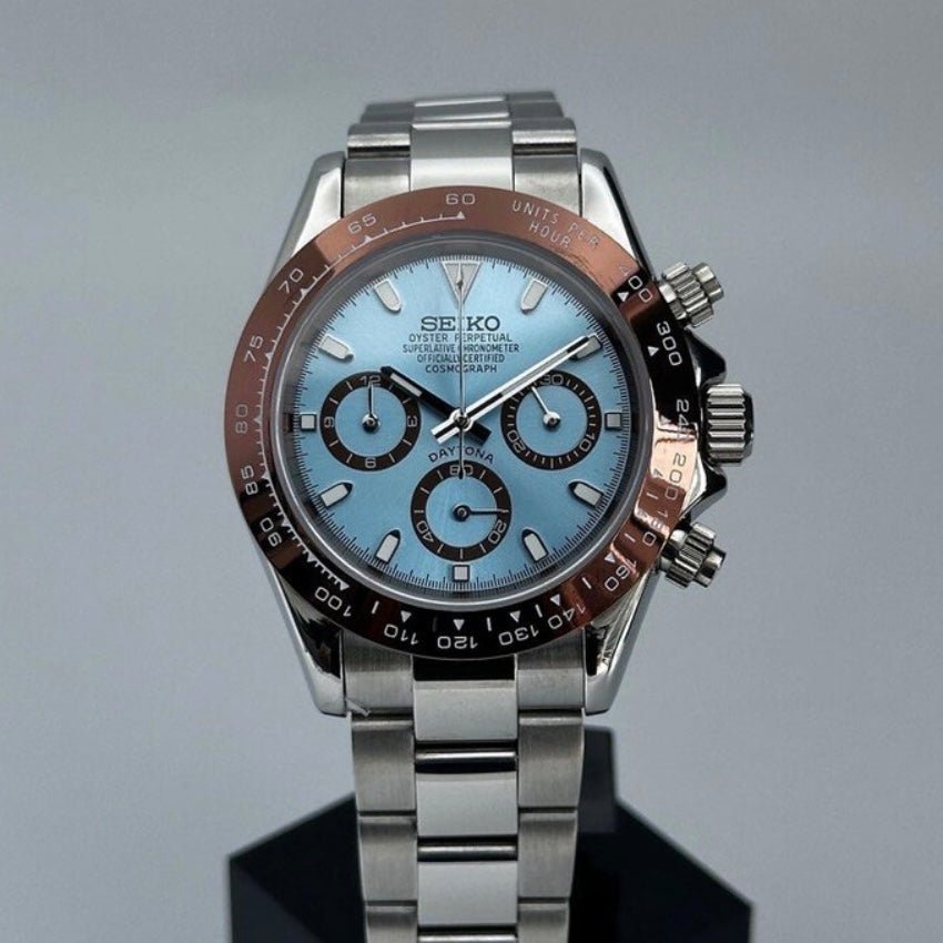 Daytona Mod Silver Platin Dial Oyster silver chronograph Seiko mod style watch with VK63 movement by ModTime - angled dial view
