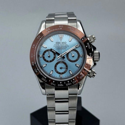 Daytona Mod Silver Platin Dial Oyster silver chronograph Seiko mod style watch with VK63 movement by ModTime - angled dial view