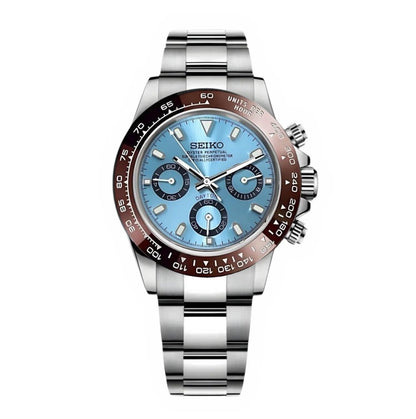 Daytona Mod Silver Platin Dial Oyster silver chronograph Seiko mod style watch with VK63 movement by ModTime - front product view