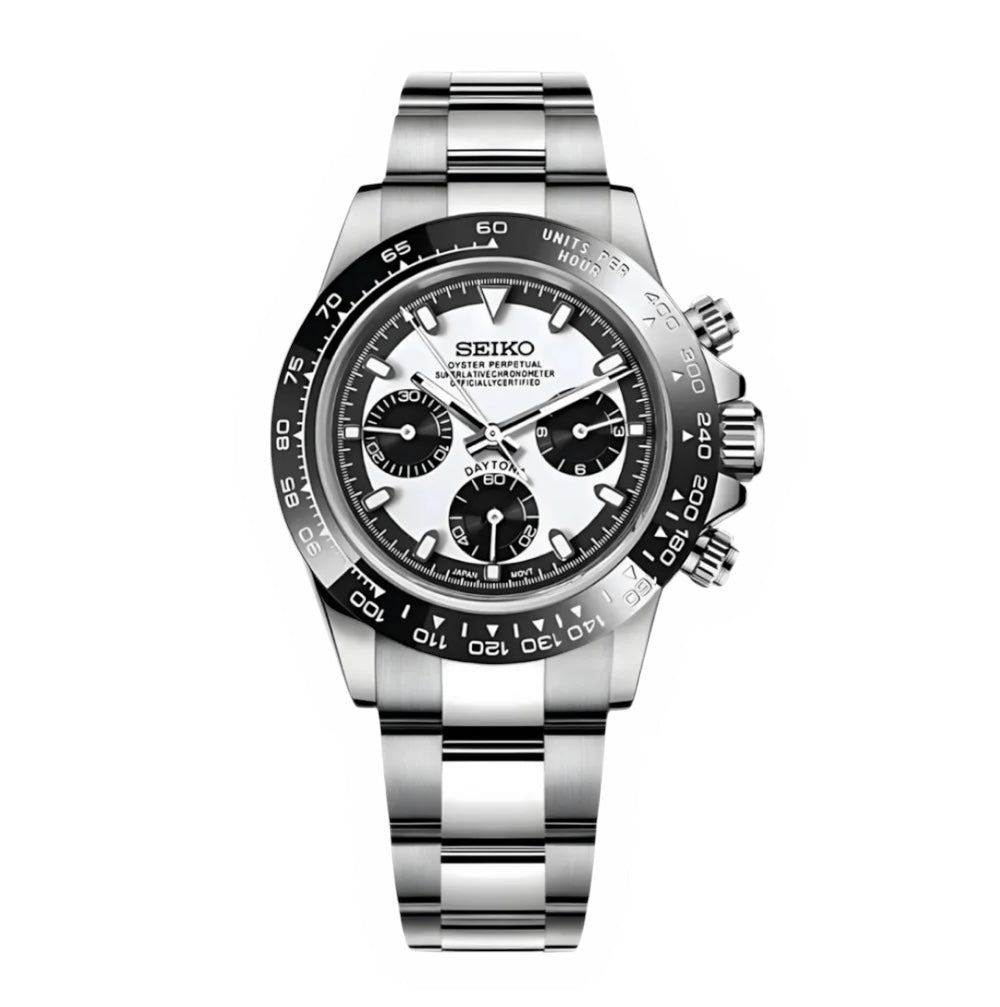 Daytona Mod Silver Reverse Panda Oyster silver and black and white Seiko mod style watch with VK63 movement by ModTime - front product view