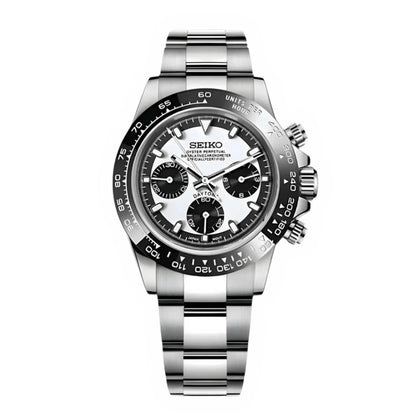 Daytona Mod Silver Reverse Panda Oyster silver and black and white Seiko mod style watch with VK63 movement by ModTime - front product view