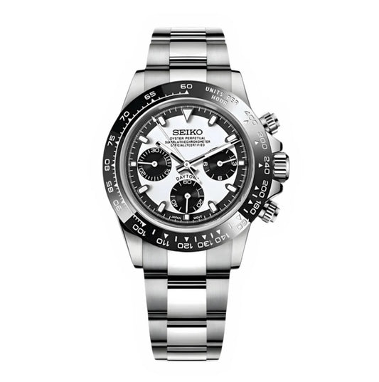 Daytona Mod Silver Reverse Panda Oyster silver and black and white Seiko mod style watch with VK63 movement by ModTime - front product view