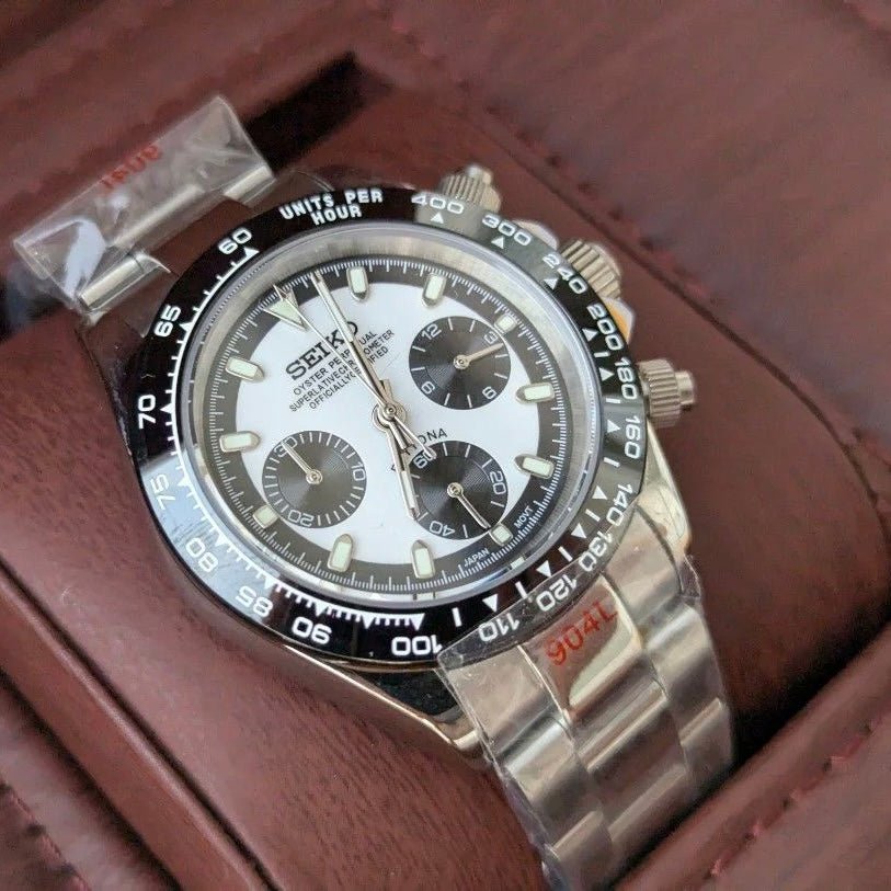 Daytona Mod Silver Reverse Panda Oyster silver and black and white panda chronograph Seiko mod style watch with VK63 movement by ModTime - side profile