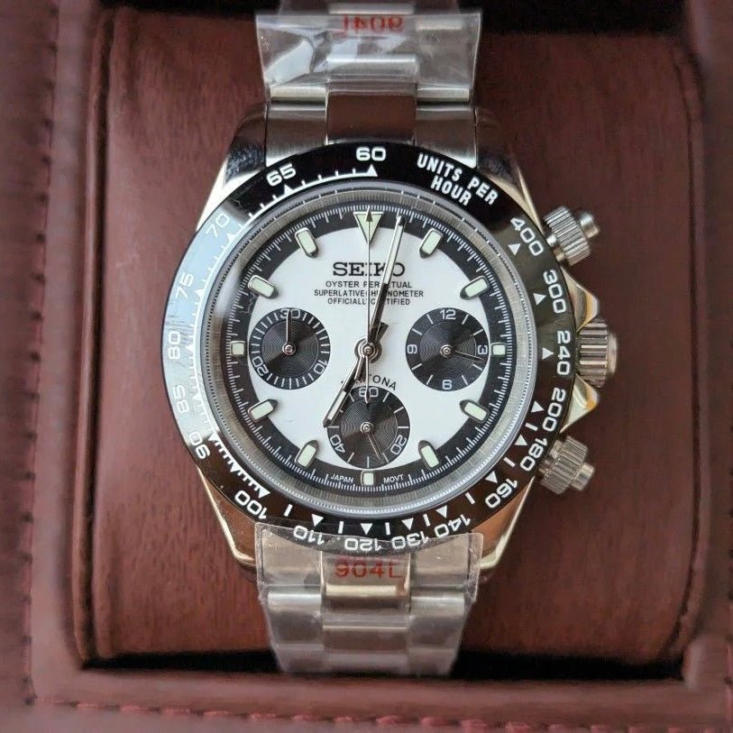 Daytona Mod Silver Reverse Panda Oyster silver and black and white panda chronograph Seiko mod style watch with VK63 movement by ModTime - angled dial view