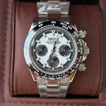 Daytona Mod Silver Reverse Panda Oyster silver and black and white panda chronograph Seiko mod style watch with VK63 movement by ModTime - angled dial view