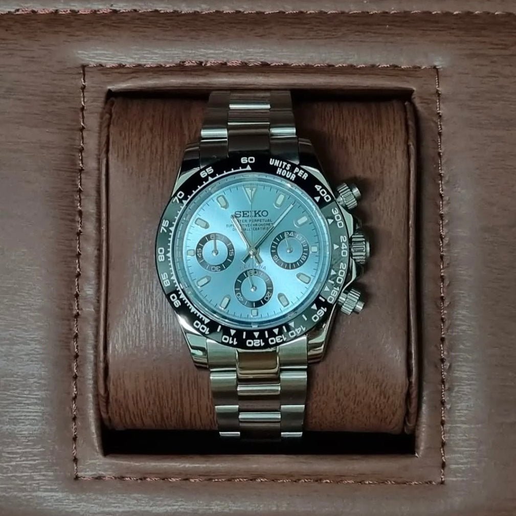 Daytona Mod Silver Sky Blue Dial Oyster silver and blue chronograph Seiko mod style watch with VK63 movement by ModTime - wrist or lifestyle view
