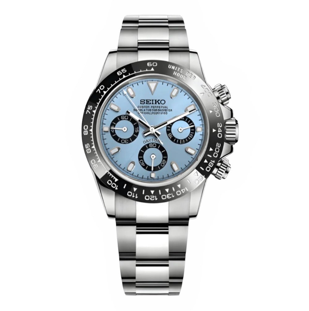Daytona Mod Silver Sky Blue Dial Oyster silver and blue chronograph Seiko mod style watch with VK63 movement by ModTime - front product view