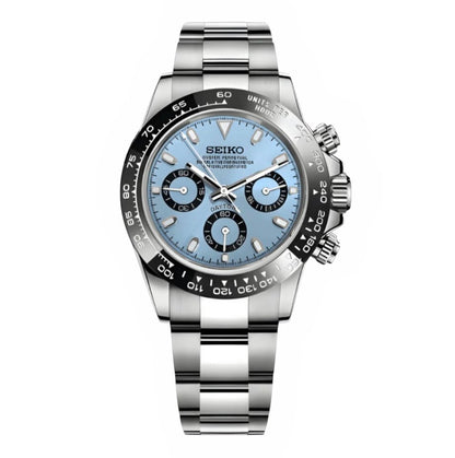 Daytona Mod Silver Sky Blue Dial Oyster silver and blue chronograph Seiko mod style watch with VK63 movement by ModTime - front product view