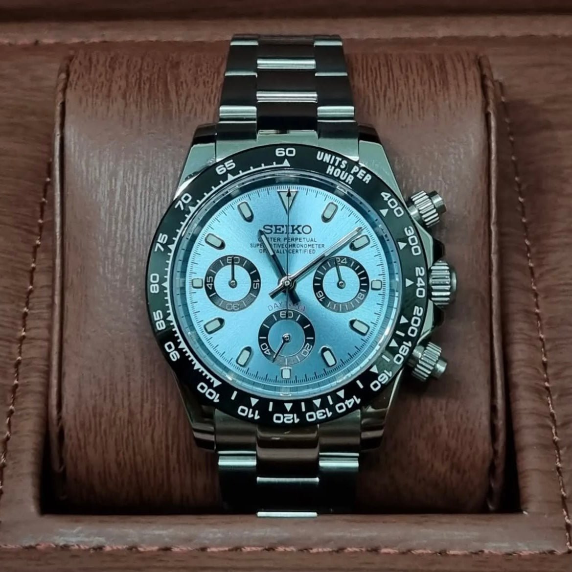 Daytona Mod Silver Sky Blue Dial Oyster silver and blue chronograph Seiko mod style watch with VK63 movement by ModTime - angled dial view
