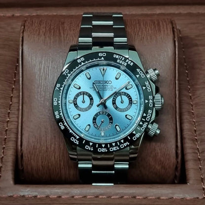 Daytona Mod Silver Sky Blue Dial Oyster silver and blue chronograph Seiko mod style watch with VK63 movement by ModTime - angled dial view
