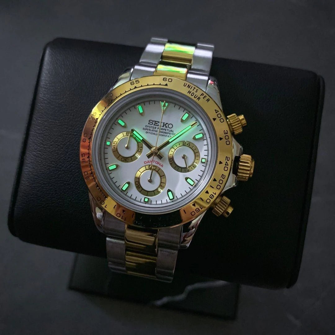 Daytona Mod Two Tone White Dial Oyster white chronograph Seiko mod style watch with VK63 movement by ModTime - side profile