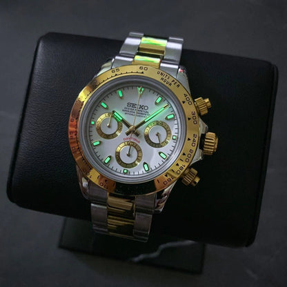 Daytona Mod Two Tone White Dial Oyster white chronograph Seiko mod style watch with VK63 movement by ModTime - side profile