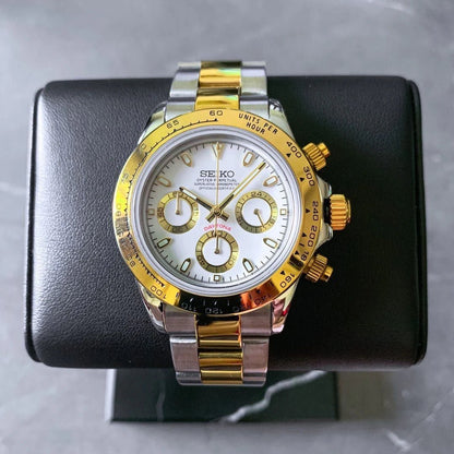 Daytona Mod Two Tone White Dial Oyster white chronograph Seiko mod style watch with VK63 movement by ModTime - dial detail