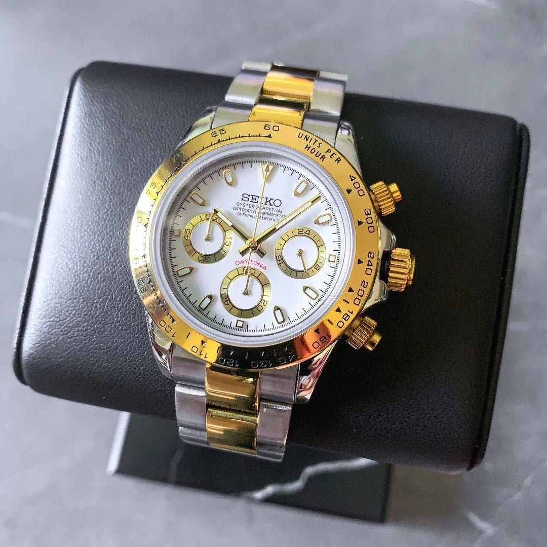 Daytona Mod Two Tone White Dial Oyster white chronograph Seiko mod style watch with VK63 movement by ModTime - case and bracelet detail