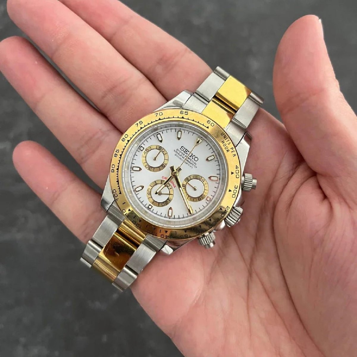 Daytona Mod Two Tone White Dial Oyster white chronograph Seiko mod style watch with VK63 movement by ModTime - angled dial view