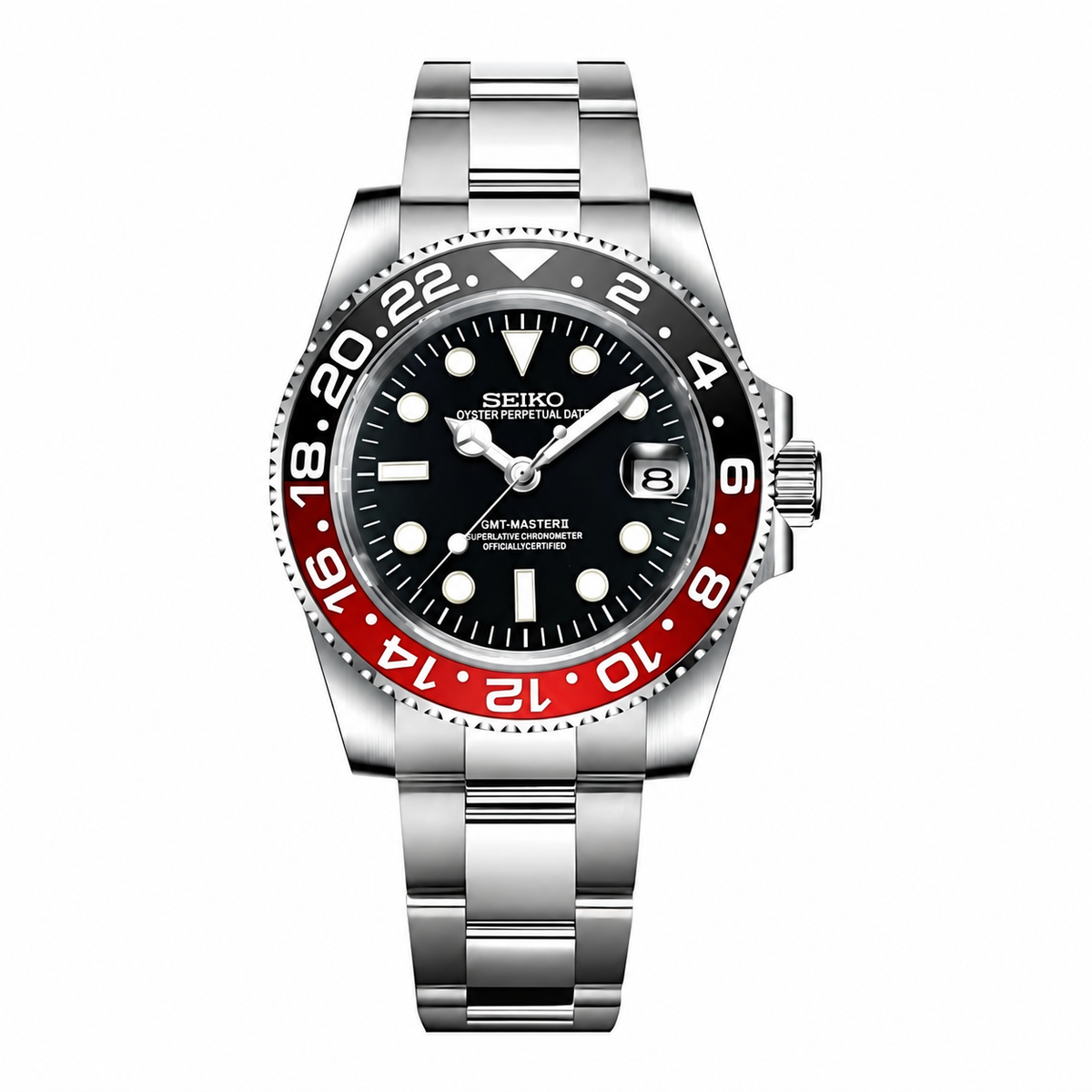 GMT WATCH MOD COKE DIAL — NH35 configuration illustration; three hands and date, no additional GMT hand