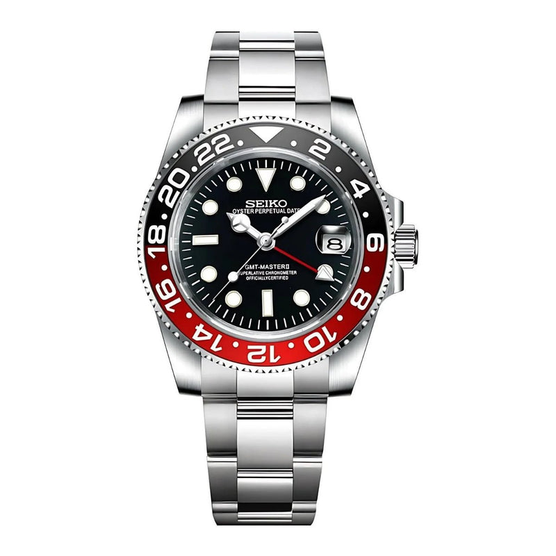 GMT Coke NH34 automatic watch with black-red bezel and three-link bracelet, front view on white