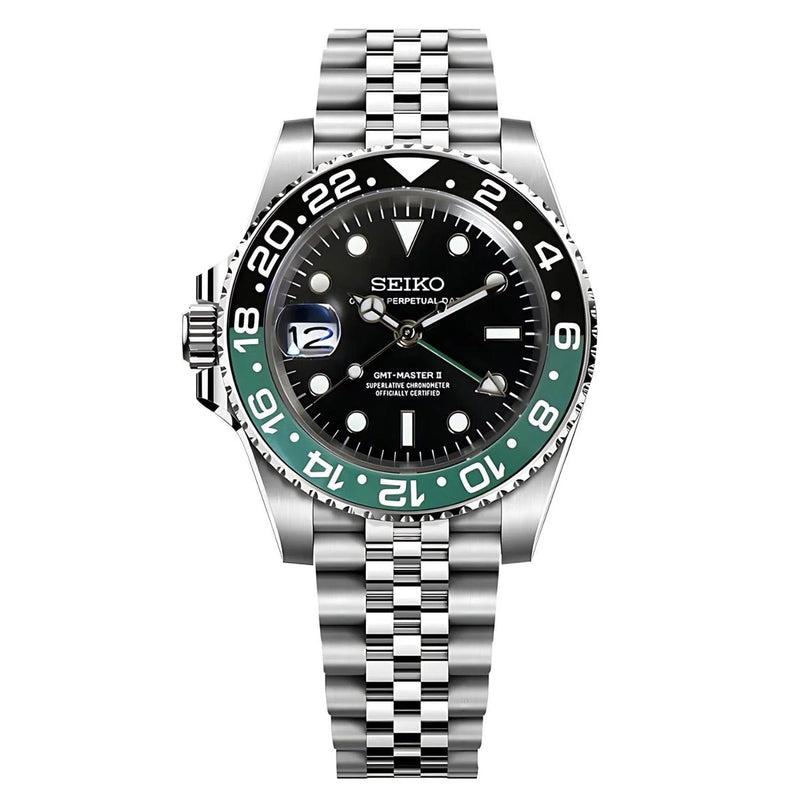GMT Sprite NH34 automatic watch with green-black bezel and Jubilee bracelet, front view on white