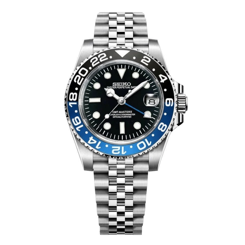 GMT Batgirl NH34 automatic watch with a blue-black bezel and Jubilee bracelet, front view