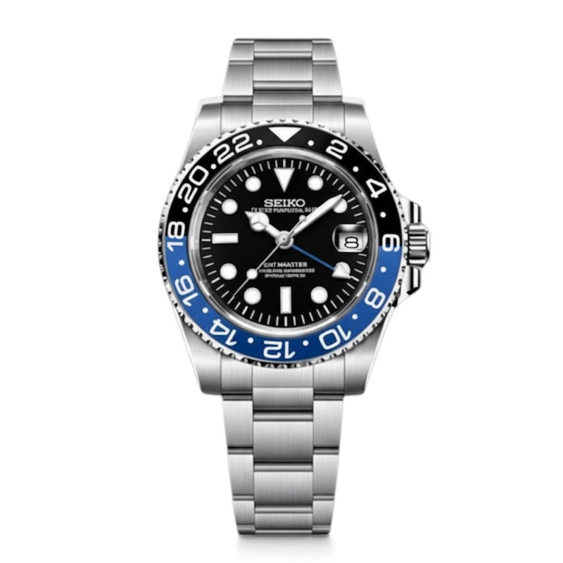 GMT Batman NH34 automatic watch with a blue-black bezel and three-link bracelet, front view