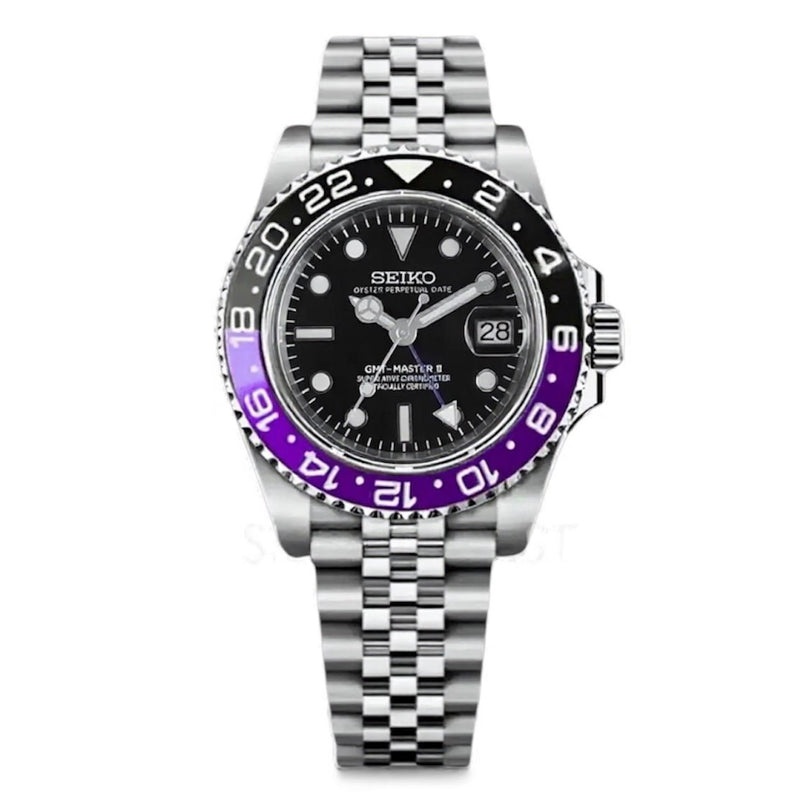 GMT Joker NH34 automatic watch with a purple-black bezel and Jubilee bracelet, front view