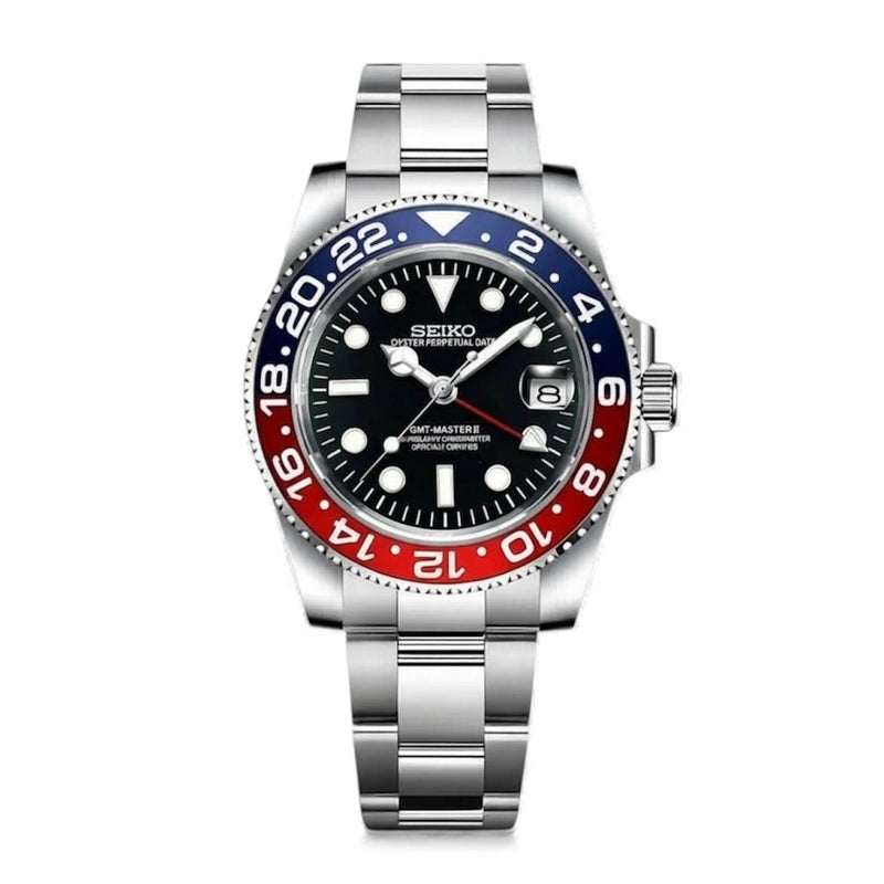 GMT Pepsi NH34 automatic watch with blue-red bezel and three-link bracelet, front view on white