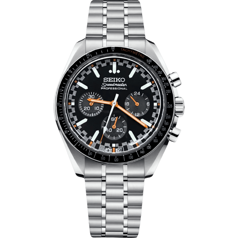ModTime Speedmaster collection, Moonwatch Black Orange MechaQuartz VK63 chronograph, black dial, orange hands, front view